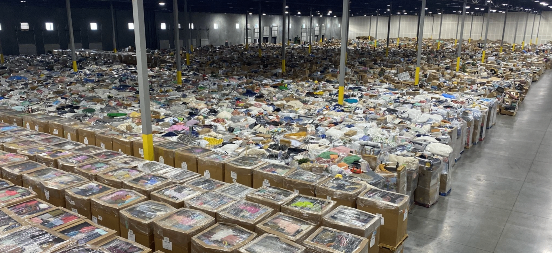 Merchandize Liquidators warehouse stacked with pallets of wholesale inventory